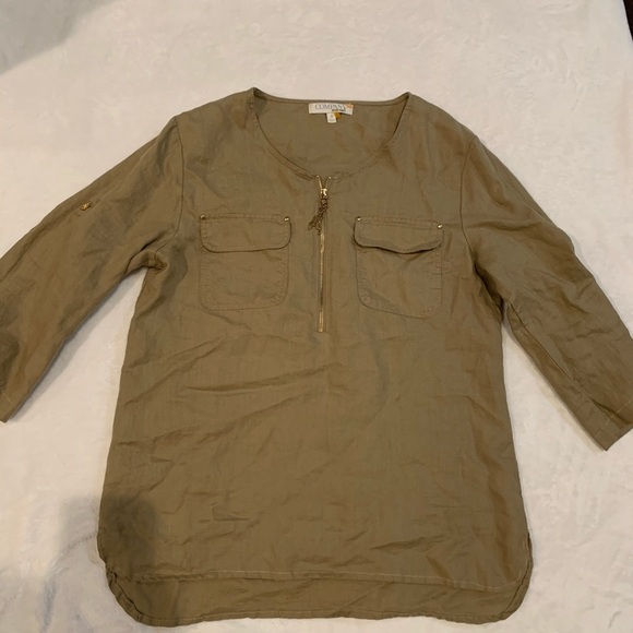 Ellen Tracy Womens Small Brown‎ 1/2 Zip Roll-Tab Linen Sleeve Top 100% Linen. - Picture 1 of 5